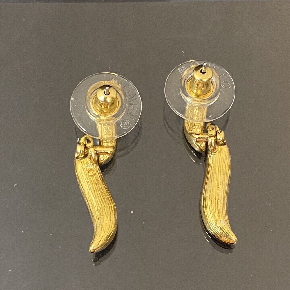 Monet Gold & White Rhinestone Feather Leaf Dangle Post Earrings - Picture 6 of 10